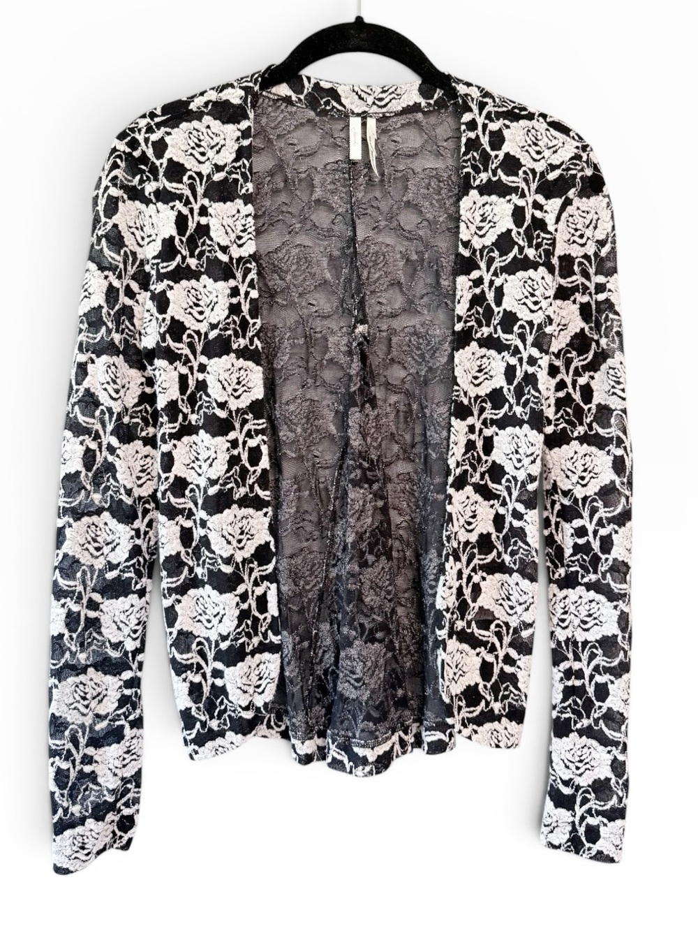 Frenchi Lace Floral Open Front Cardigan Black White Size XS